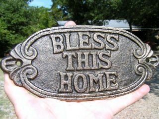 Cast Iron Bless This Home Sign Plaque,  Antiqued Gold Finish