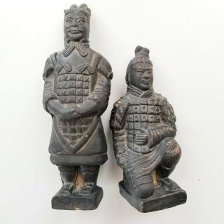 Vintage Chinese Soldier Terracotta Warrior Army Clay Statue Figurines Set Of 2