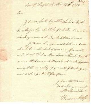 1782,  Camp Highlands,  Colonel Heman Swift,  Letter Signed,  Supplies Ordered