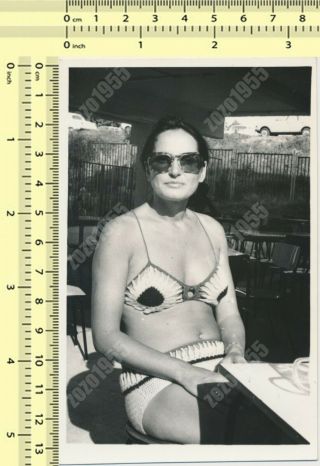 Pretty Bikini Woman On Beach Cafe Swimwear Lady Portrait Vintage Photo
