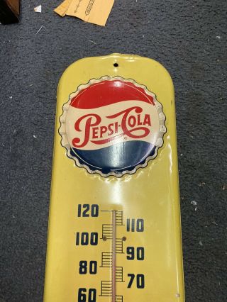 Vintage Pepsi Cola The Light Refreshment Tin Litho Thermometer Yellow Ra - 56 M213