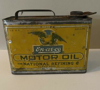 Rare 1/2 Gal En - Ar - Co Oil Can Great Graphics With Pour Spout Intact