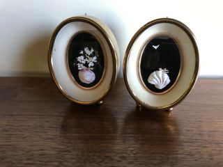Pair Vintage Gold Brass Mini Oval Picture Photo Frames Shadow Box Sea Shells