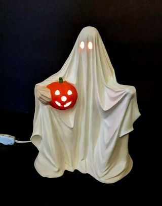 Vintage Halloween Ceramic Light Up Ghost W/ Jack O Lantern Byron Mold 1972