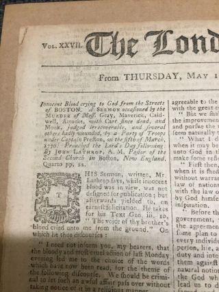 Boston Massacre - Revolutionary War - Entire Front Page - 1770 London Newspaper