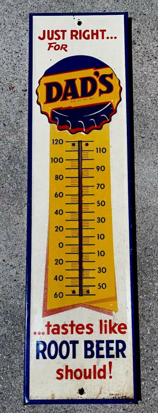 Vintage Rare 1960s Dad’s Root Beer Thermometer Cola Soda Tin Metal Sign 27”x7.  5”