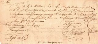 1776,  Oliver Ellsworth,  Ezekiel Williams,  Signed Pay Order For Prisoners Of War