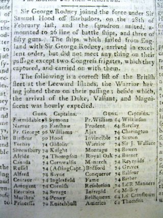 1782 Revolutionary War Newspaper Wth Long List Of British Warships In Caribbean