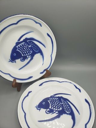 Set Of 2 Vintage Enamel Dish Blue Fish Koi Carp 9.  5 " Plates Camping Outdoor Rv