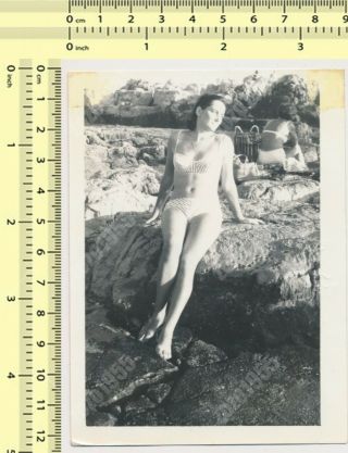 Bikini Woman Laying On Beach Swimwear Lady Pose Portrait Vintage Photo