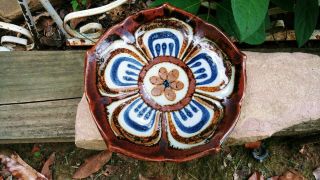 El Palomar Ken Edwards Mexican Pottery Lotus 7 " Plate Blue & Brown W/ Green