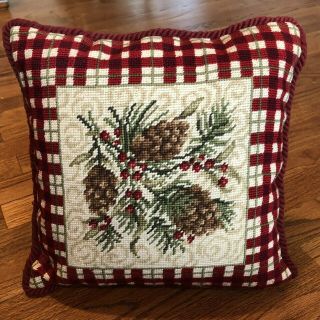 Vintage Pine Cone Holiday Christmas Needlepoint Pillow 13” X 13”