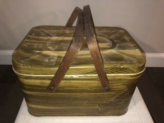 Vintage Metal Tin Lunch Box Picnic Basket Brown Distressed Wood Grain & Handles