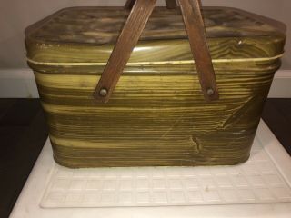 Vintage Metal Tin Lunch Box Picnic Basket Brown Distressed Wood Grain & Handles 2