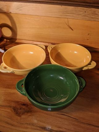 3 Vintage Fiesta Cream Soup Bowls Yellow,  Yellow,  Dark Green - One Is Chipped