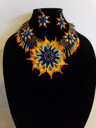 Huichol Beaded Flowers Necklace Set Handmade Mexican Folk Art
