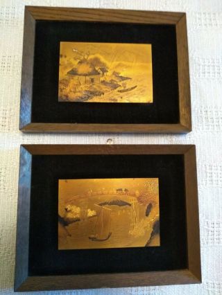 Vintage Framed Copper Etched Chinese Scenes Pictures Inlay Black Velvet Signed