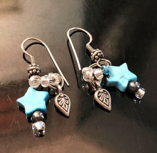 Vintage Unique Sterling Silver Turquoise Star w/Glass Beads Dangle Earrings 925 2
