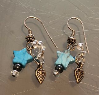 Vintage Unique Sterling Silver Turquoise Star w/Glass Beads Dangle Earrings 925 3