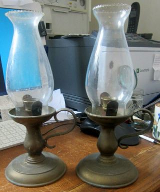Vintage Short Handled Brass Candle Lamps With Glass Funnels.
