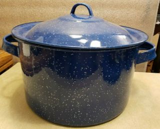 Vintage Dark Blue And White Graniteware Enamelware Large Soup Pot & Lid 12 " Dia