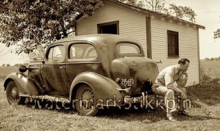 1940s Photo Negative Car Soldier Home From War Ponders Future After Ww2 Auto
