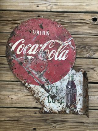 Vtg 1950s Coca Cola Double Sided Flange Sign Gas Station Soda Advertising 23”