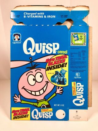 Vintage 1970s Quaker Quisp Cereal Box Kids Food Packaging Advertising Jay Ward