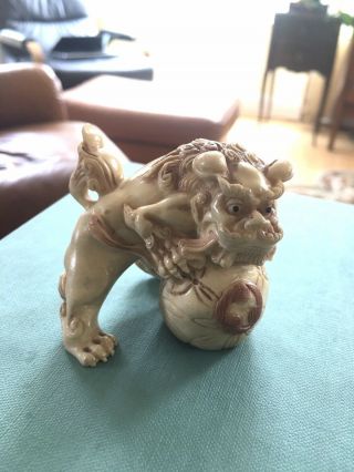 Vintage Carved Foo Dog With Ball Figurine