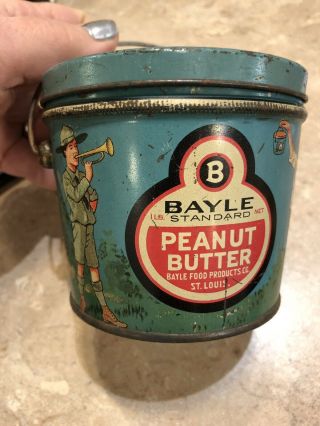 Vintage 1 Pound Bayle Peanut Butter Tin Can Pail Boy Scout Advertising