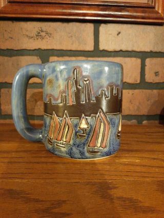 Designed By Mara Mexico Oversized Pottery Mug Skyline Boats