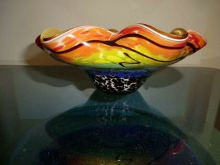 Vintage Murano Style Hand Blown Glass Multi Colored Ruffle Bowl 9.  5 "