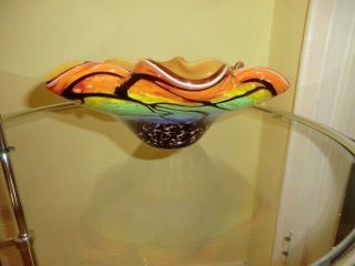 VINTAGE MURANO STYLE HAND BLOWN GLASS MULTI COLORED RUFFLE BOWL 9.  5 