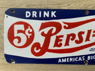 Vintage Pepsi Cola 5c 30” x 10” Porcelain Enamel Sign. 2