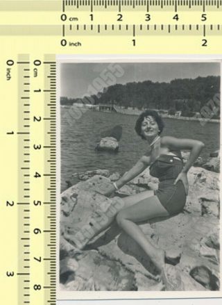 Hairy Armpits Swimsuit Woman On Beach Swimwear Lady Portrait Vintage Photo Orig.