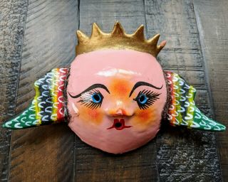 Vintage Mexican Coconut Shell Folk Art Mask Wings Angel Queen Crown Wall Hanging
