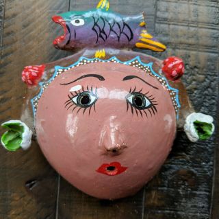 Vintage Mexican Coconut Shell Folk Art Mask Woman Mother Fish Wall Hanging 6 "