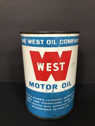 RARE WEST Motor Oil Can 1 Quart Metal Vintage Gas Station 3