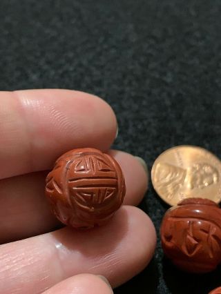 One Vintage Carved Chinese Natural Red Jasper Bead Double Shou Design 16mm Round