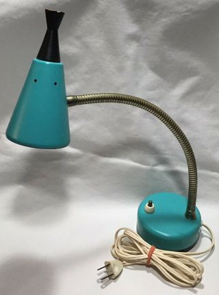 Vintage 1950s Mcm Aqua Blue Gooseneck Cone Desk Table Lamp Light Retro