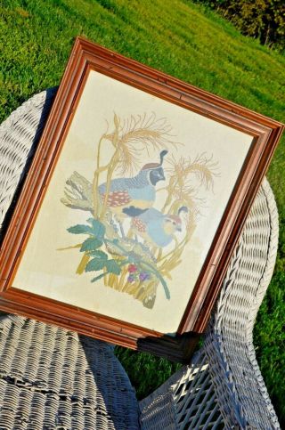 Vintage Large Wall Art Framed Crewel Embroidered Perched Birds