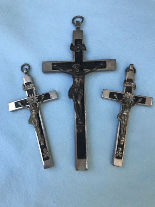 3 Antique Vintage Catholic Pectoral Crucifix Cross Ebony Inlay