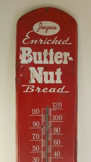 LARGE JAEGERS ENRICHED BUTTER - NUT BREAD TIN ADVERTISING THERMOMETER 38 3/4 