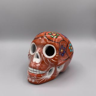 Mexican Sugar Skull Hand Painted Ceramic Orange 6’