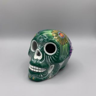 Mexican Sugar Skull Hand Painted Ceramic Green 6’