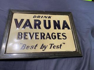 Vintage Rare Early Embossed Drink Varuna Beverages Soda Tin Tacker Framed Sign