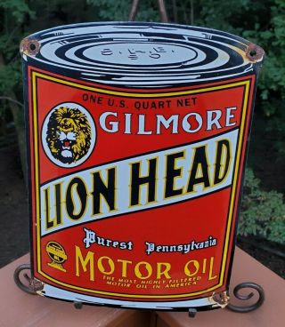 Vintage Gilmore Lion Head Motor Oil Porcelain Sign Gasoline Station Pump Plate