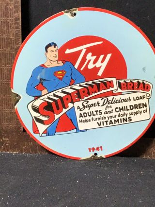 Rare Vintage Superman Bread Porcelain Comic Book Gasoline Oil Sign Pump Plate 41