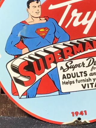 RARE Vintage SUPERMAN BREAD PORCELAIN COMIC BOOK GASOLINE OIL SIGN Pump Plate 41 2