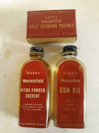 Vintage Wards Westernfield Full Gun Oil & Nitro Powder Solvent Bottles & Patches